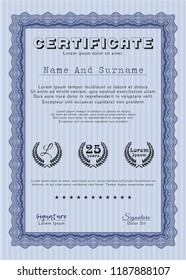 Blue Sample certificate or diploma. Money style design. Vector illustration. With linear background. 