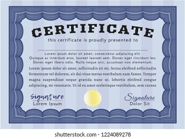 Blue Sample certificate or diploma. Money style design. With complex background. Customizable, Easy to edit and change colors. 