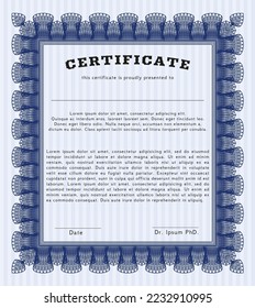 Blue Sample certificate or diploma.  Money Pattern design.  With complex background.  Customizable, Easy to edit and change colors. 