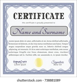 Blue Sample certificate or diploma. Money Pattern design. With guilloche pattern. Vector illustration. 