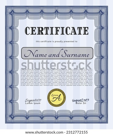 Blue Sample certificate or diploma.  Money design.  With guilloche pattern.  Detailed. 