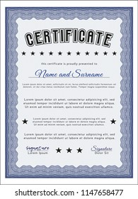Blue Sample certificate or diploma. Nice design. Customizable, Easy to edit and change colors. With guilloche pattern. 