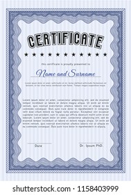 Blue Sample certificate or diploma. Nice design. With great quality guilloche pattern. Detailed. 