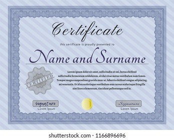 Blue Sample certificate or diploma. Nice design. Vector illustration. With complex linear background. 