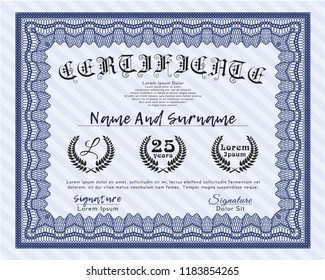 Blue Sample certificate or diploma. Nice design. Easy to print. Detailed. 