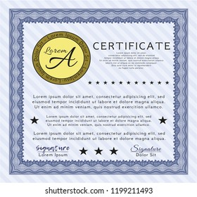 Blue Sample certificate or diploma. Nice design. Vector illustration. Complex background. 