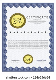 Blue Sample certificate or diploma. Nice design. With complex linear background. Customizable, Easy to edit and change colors. 