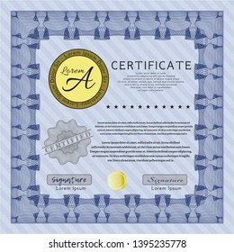 Blue Sample certificate or diploma. Nice design. Vector illustration. With complex background. 