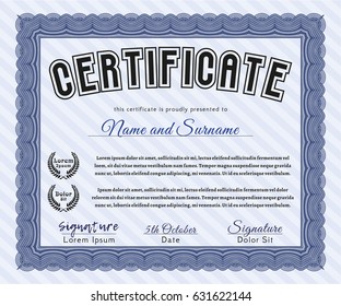 Blue Sample certificate or diploma. Nice design. Customizable, Easy to edit and change colors. With guilloche pattern. 