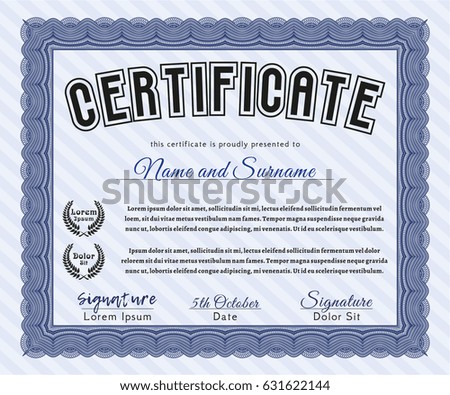 Blue Sample certificate or diploma. Nice design. Customizable, Easy to edit and change colors. With guilloche pattern. 
