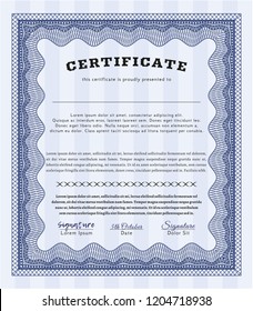 Blue Sample certificate or diploma. Perfect design. Detailed. With complex linear background. 