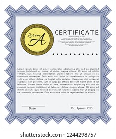 Blue Sample certificate or diploma. Perfect design. With guilloche pattern. Vector illustration. 