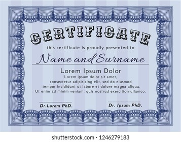 Blue Sample certificate or diploma. Perfect design. Printer friendly. Customizable, Easy to edit and change colors. 