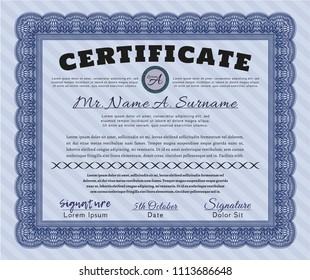  Blue Sample certificate or diploma. Printer friendly. Cordial design. Customizable, Easy to edit and change colors. 