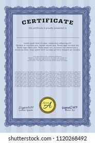 Blue Sample certificate or diploma. Printer friendly. Money Pattern design. Vector illustration. 