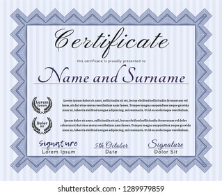 Blue Sample certificate or diploma. Printer friendly. Customizable, Easy to edit and change colors. Excellent design. 