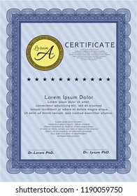 Blue Sample certificate or diploma. With quality background. Artistry design. Vector illustration. 
