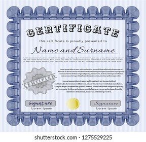 Blue Sample certificate or diploma. With quality background. Money Pattern. Customizable, Easy to edit and change colors. 