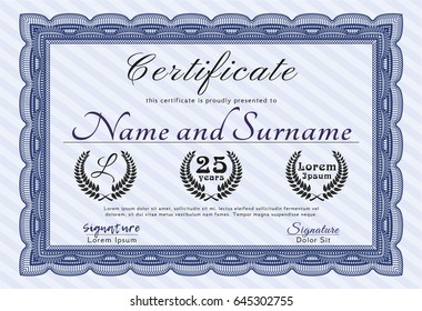Blue Sample certificate or diploma. Retro design. With guilloche pattern. Customizable, Easy to edit and change colors. 