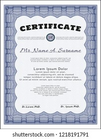 Blue Sample certificate or diploma. Sophisticated design. Customizable, Easy to edit and change colors. With complex background. 