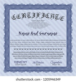 Blue Sample certificate or diploma. Superior design. With complex background. Detailed. 