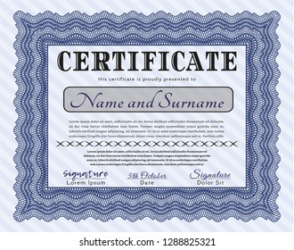 Blue Sample certificate or diploma. Superior design. With background. Detailed. 