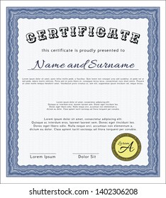 Blue Sample certificate or diploma. Superior design. With guilloche pattern. Customizable, Easy to edit and change colors. 