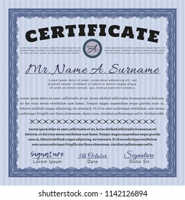 Blue Sample certificate or diploma. Vector illustration. With quality background. Money Pattern. 