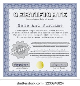 Blue Sample certificate or diploma. Vector illustration. With complex linear background. Money design. 