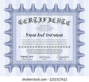 Blue Sample certificate or diploma. Vector illustration. With complex linear background. Cordial design. 