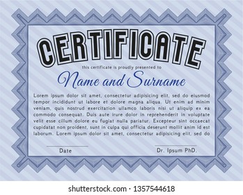 Blue Sample certificate or diploma. Vector illustration. With guilloche pattern. Beauty design. 