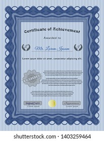 Blue Sample certificate or diploma. Vector illustration. Printer friendly. Money Pattern design. 