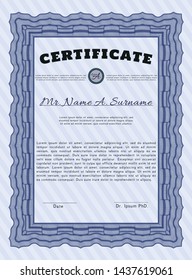 Blue Sample certificate or diploma. Vector illustration. Printer friendly. Sophisticated design. 
