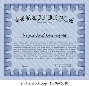 Blue Sample certificate or diploma. Vector illustration. With guilloche pattern and background. Perfect design. 