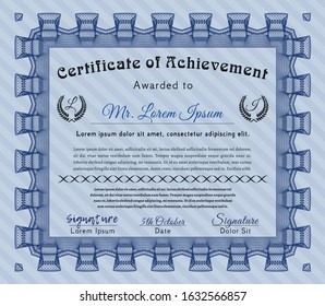Blue Sample certificate or diploma. Vector illustration. Printer friendly. Artistry design. 