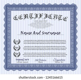 Blue Sample Certificate. Easy to print. Cordial design. Detailed. 