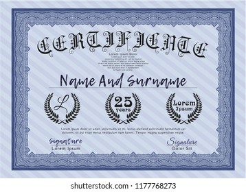 Blue Sample Certificate. Elegant design. Detailed. With guilloche pattern. 