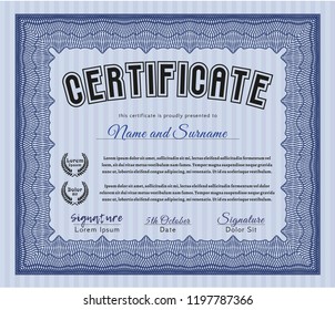 Blue Sample Certificate. Excellent design. Detailed. With guilloche pattern. 