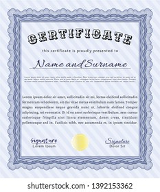 Blue Sample Certificate. Excellent design. With complex linear background. Vector illustration. 