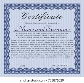Blue Sample Certificate. Excellent design. Vector illustration. Easy to print. 