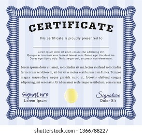 Blue Sample Certificate. With great quality guilloche pattern. Vector illustration. Money style design. 