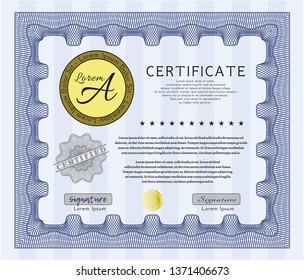 Blue Sample Certificate. With great quality guilloche pattern. Elegant design. Customizable, Easy to edit and change colors. 