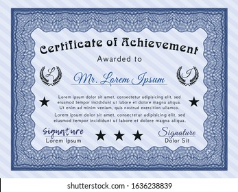 Blue Sample Certificate. With guilloche pattern. Vector illustration. Good design. 