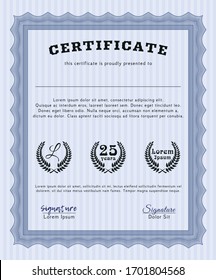 Blaues Beispiel-Zertifikat. Mit guillochiertem Muster und Hintergrund. Herzliches Design. Detaillierte Angaben. 