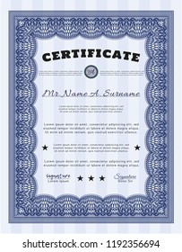 Blue Sample Certificate. With linear background. Money style design. Customizable, Easy to edit and change colors. 
