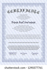 Blue Sample Certificate. Lovely design. With great quality guilloche pattern. Detailed. 