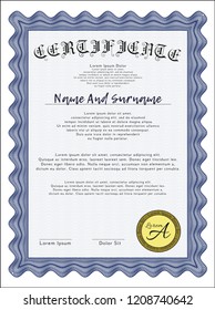 Blue Sample Certificate. Modern design. Vector illustration. With guilloche pattern. 
