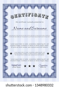 Blue Sample Certificate. Money design. With guilloche pattern and background. Vector illustration. 