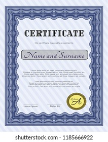 Blue Sample Certificate. Money Pattern design. Customizable, Easy to edit and change colors. Complex background. 