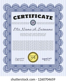 Blue Sample Certificate. Money style design. Customizable, Easy to edit and change colors. With complex background. 